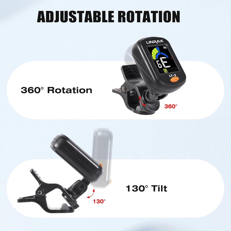 LINRAX LT-3 Guitar Tuner Rechargeable, Clip On Tuner with LCD Color Display, Chromatic Tuner for Guitar Bass Ukulele Violin Banjo Mandolin, Digital Tuner for Stringed Instruments, Guitar Accessories - Image 4